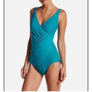Miraclesuit One Piece Ruched Wrap Swimsuit Blue Green Size 14
